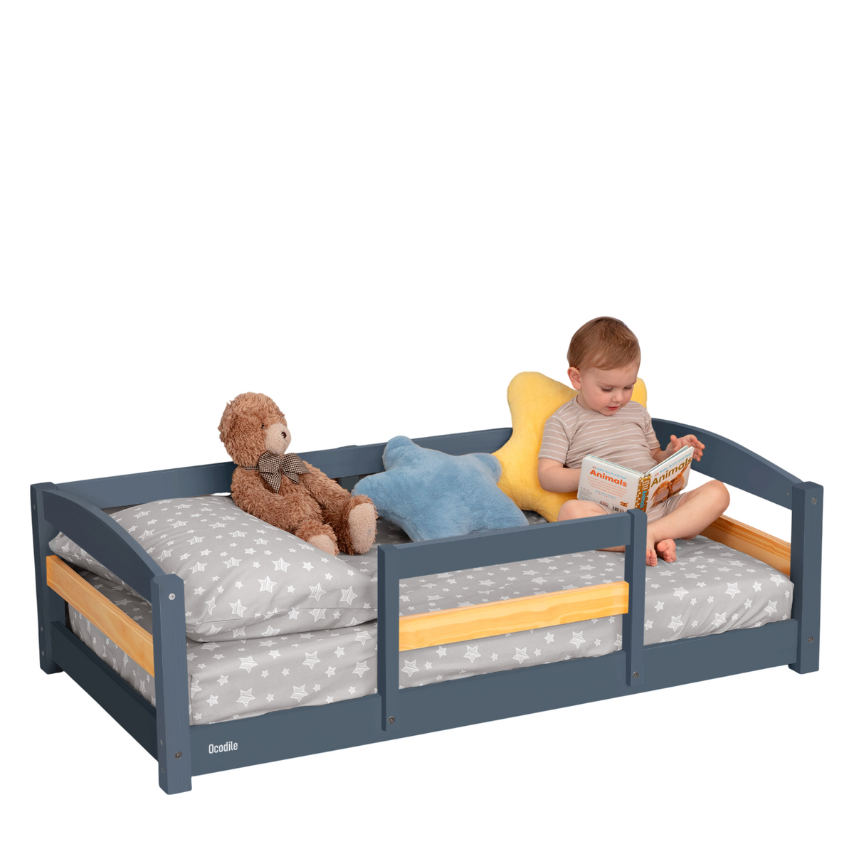 Crib Size Wooden Floor Bed with Safety Rails for Kids Age 1 – 3