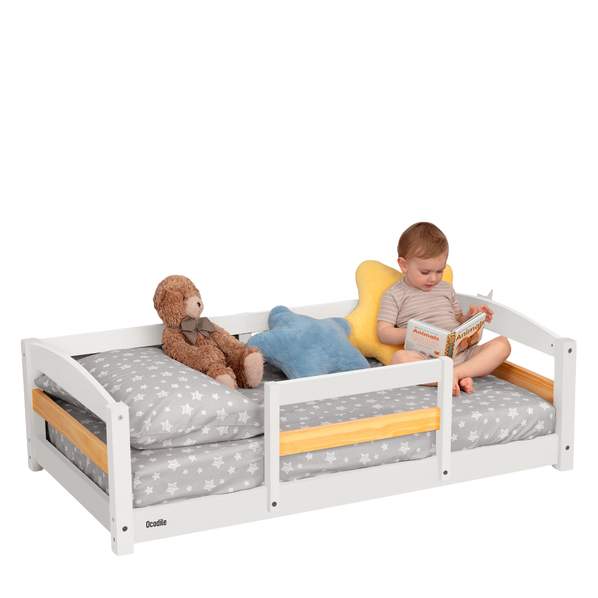 Crib Size Wooden Floor Bed with Safety Rails for Kids Age 1 – 3