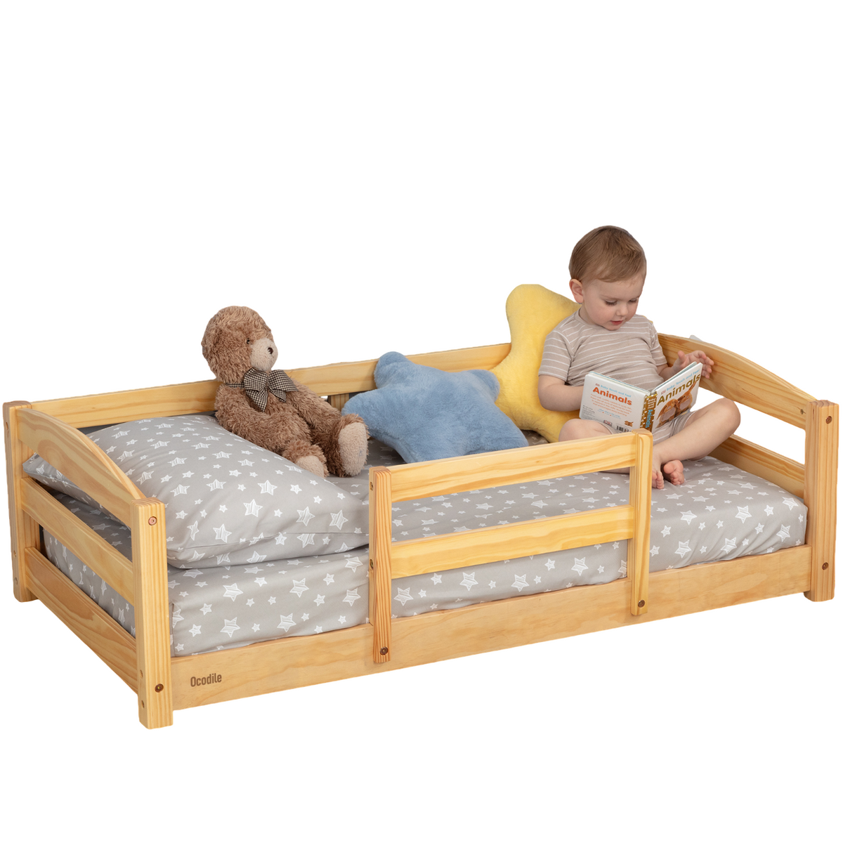 Crib Size Wooden Floor Bed with Safety Rails for Kids Age 1 – 3
