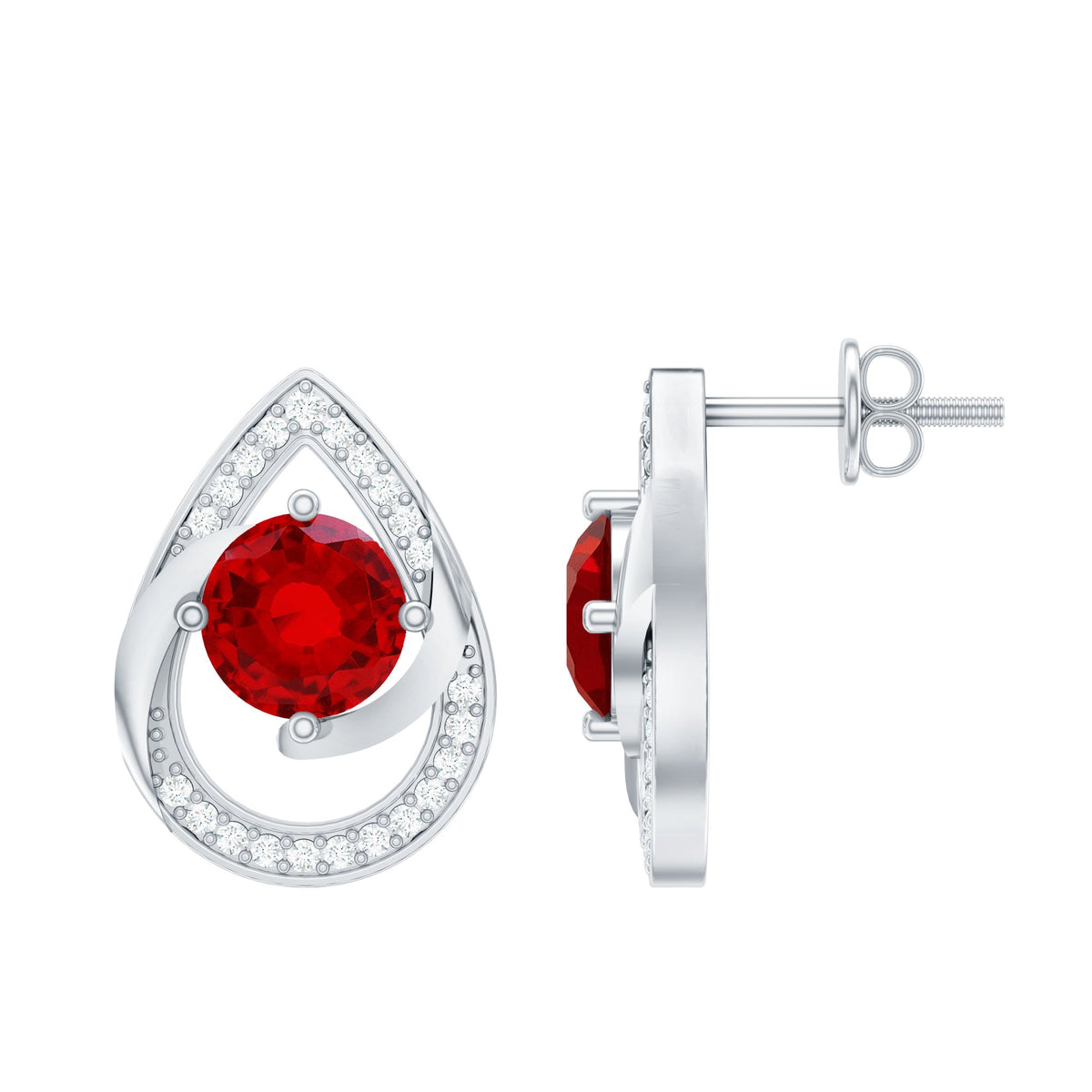 Lab Grown Ruby Teardrop Stud Earrings With Diamond