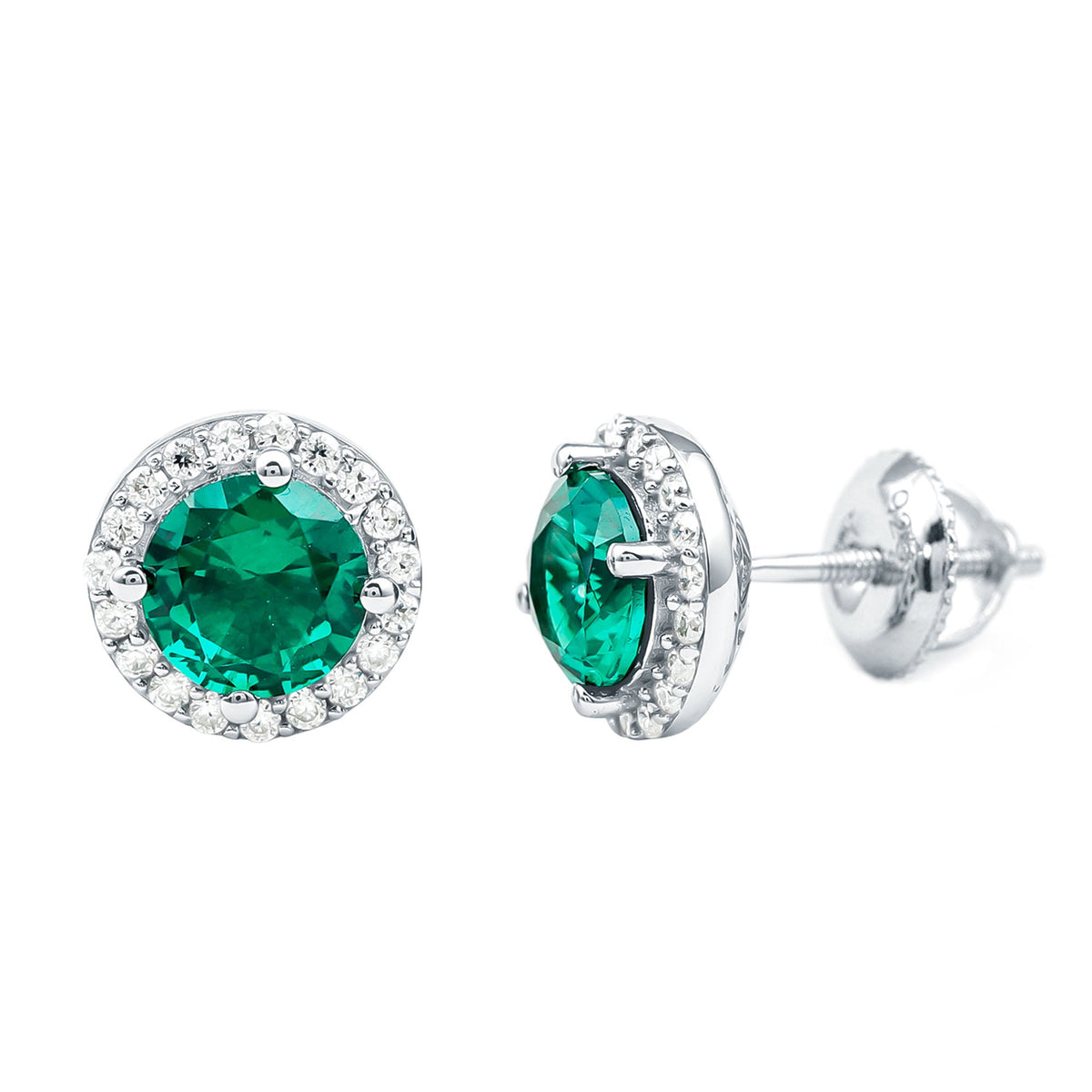 Certified 1.6 Carat Lab Created Emerald and Moissanite Halo Stud Earrings in Silver