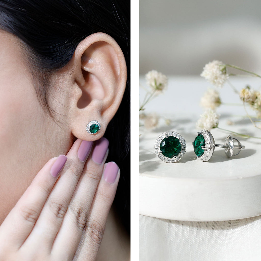 Certified 1.6 Carat Lab Created Emerald and Moissanite Halo Stud Earrings in Silver