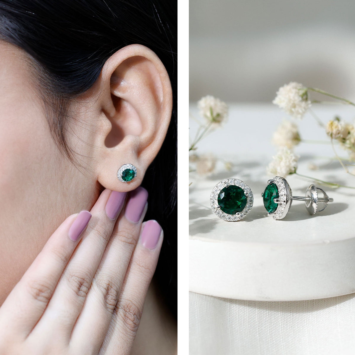 Certified 1.6 Carat Lab Created Emerald and Moissanite Halo Stud Earrings in Silver