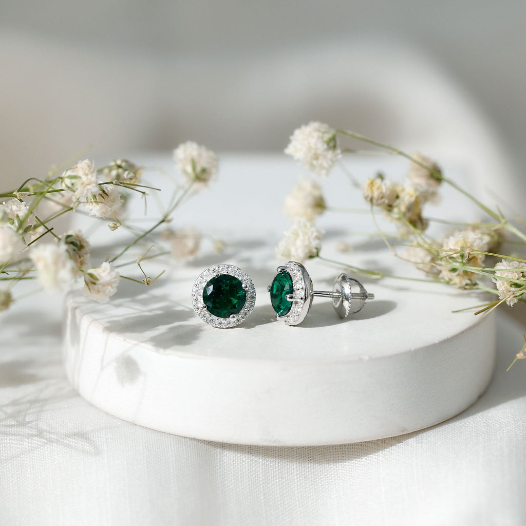 Certified 1.6 Carat Lab Created Emerald and Moissanite Halo Stud Earrings in Silver
