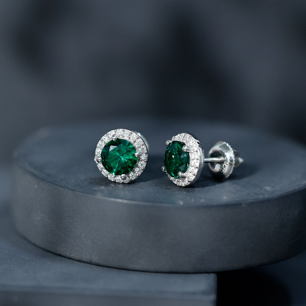 Certified 1.6 Carat Lab Created Emerald and Moissanite Halo Stud Earrings in Silver