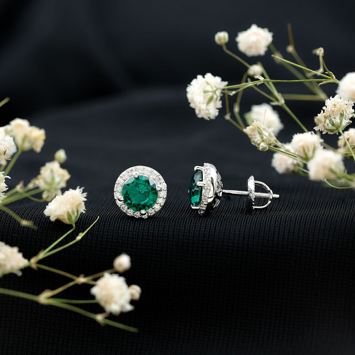 Certified 1.6 Carat Lab Created Emerald and Moissanite Halo Stud Earrings in Silver