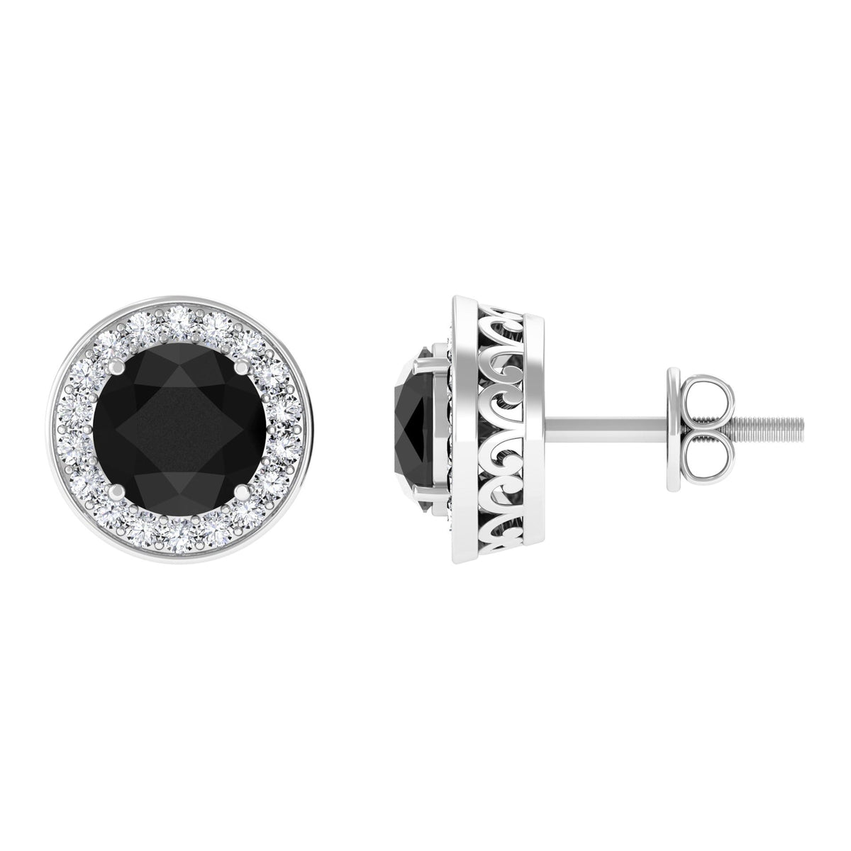 Natural Black Onyx Stud Earrings with Diamond Halo