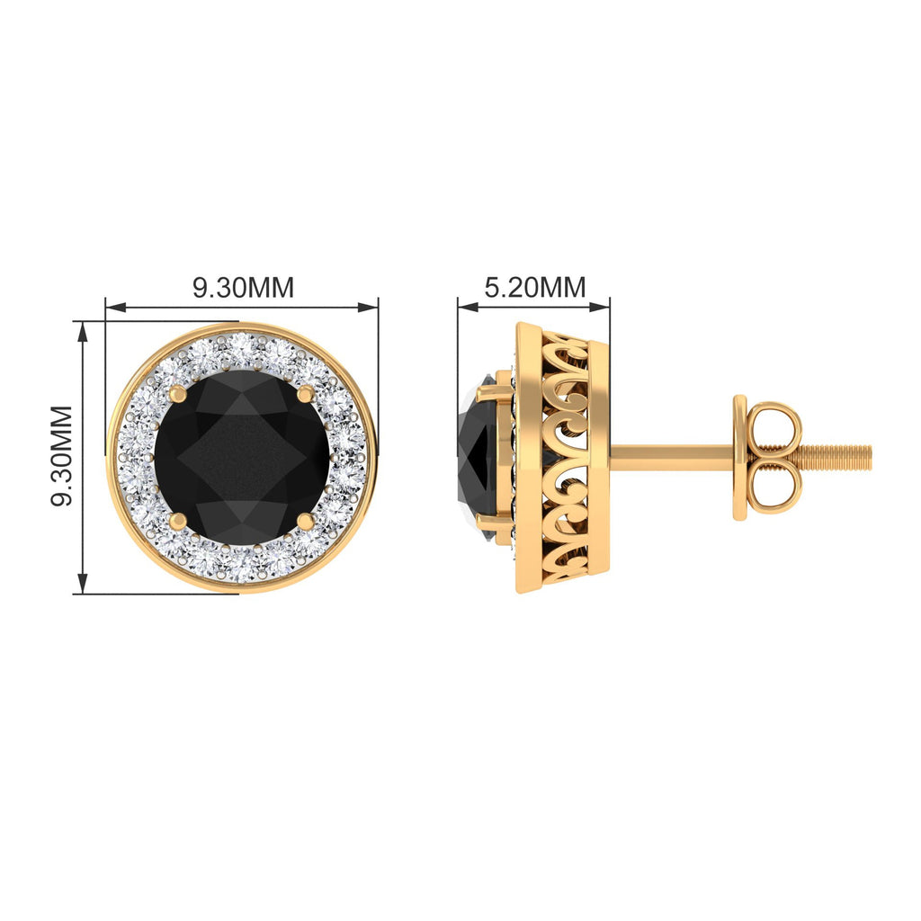 Natural Black Onyx Stud Earrings with Diamond Halo