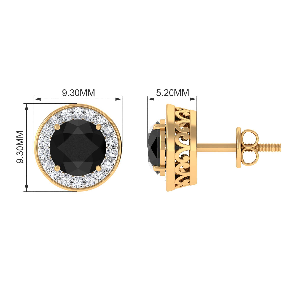 Natural Black Onyx Stud Earrings with Diamond Halo