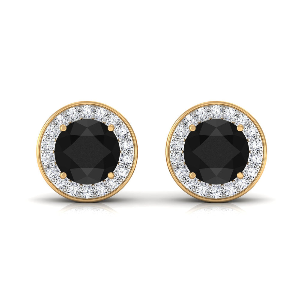 Natural Black Onyx Stud Earrings with Diamond Halo