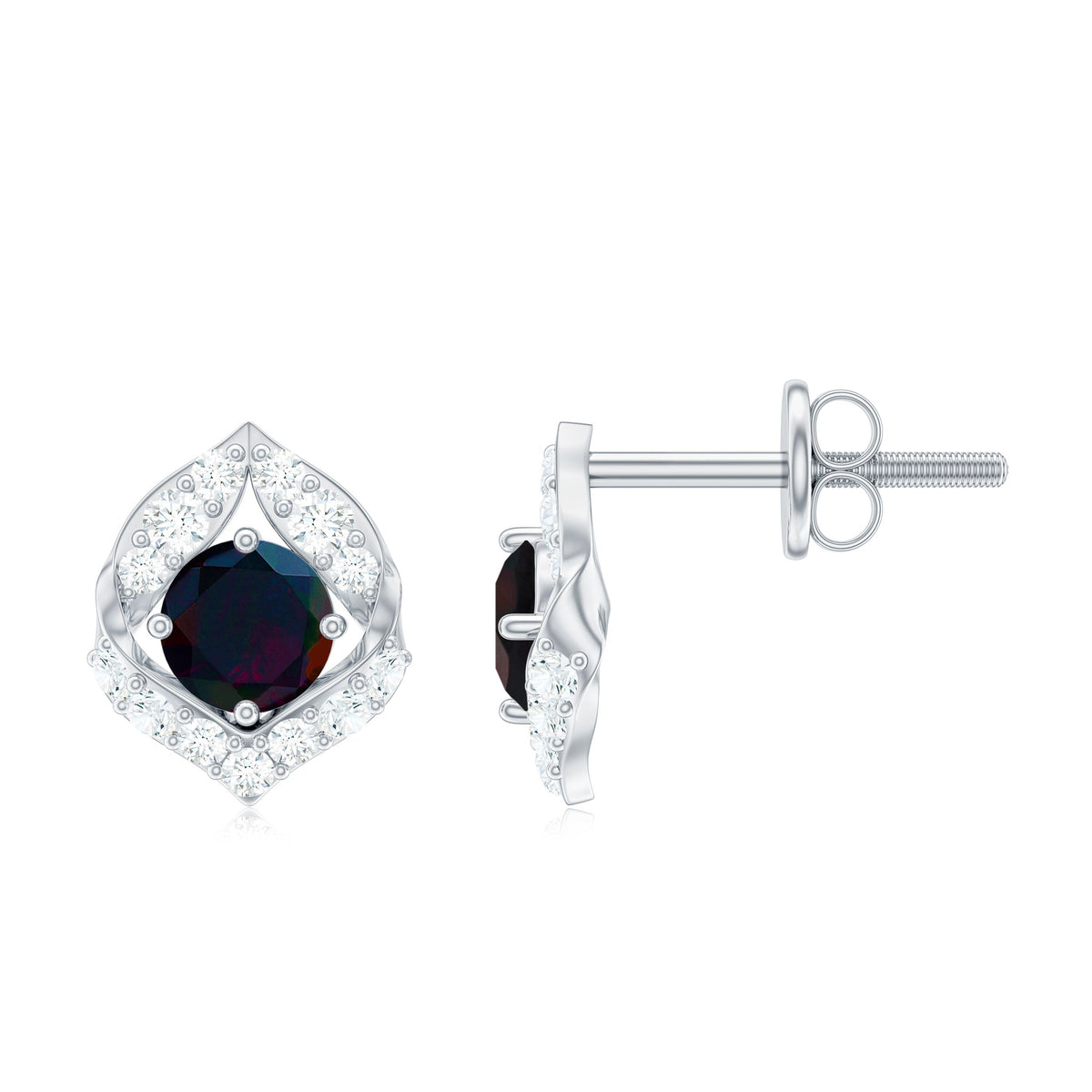 Natural Black Opal Diamond Leaf Earrings with Screw Back