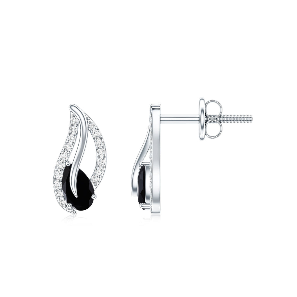Genuine Pear Shape Black Onyx leaf Stud Earrings With Certificate