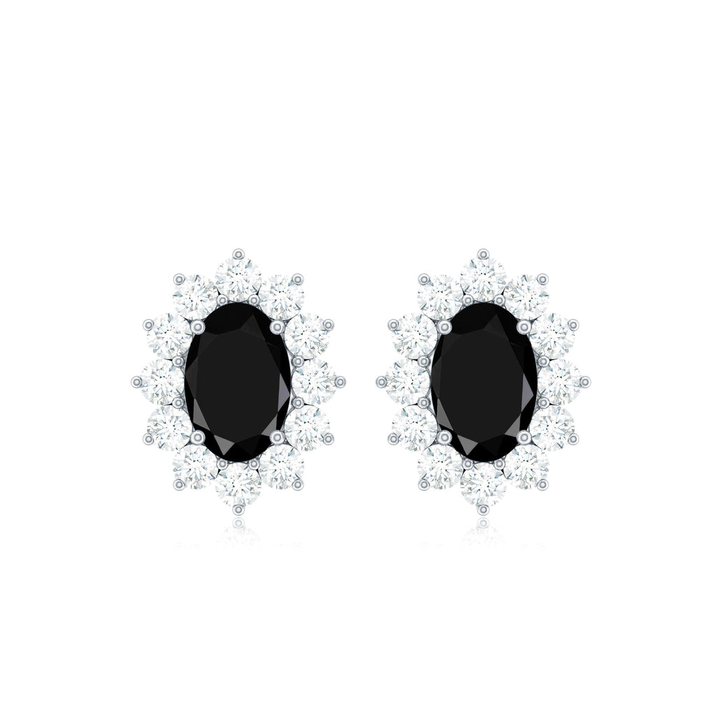 Certified Real Oval Black Onyx Stud Earrings with Diamond Halo