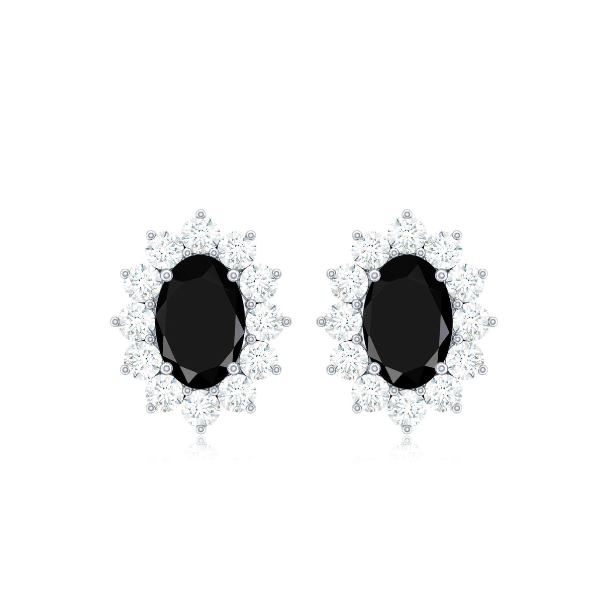 Certified Real Oval Black Onyx Stud Earrings with Diamond Halo