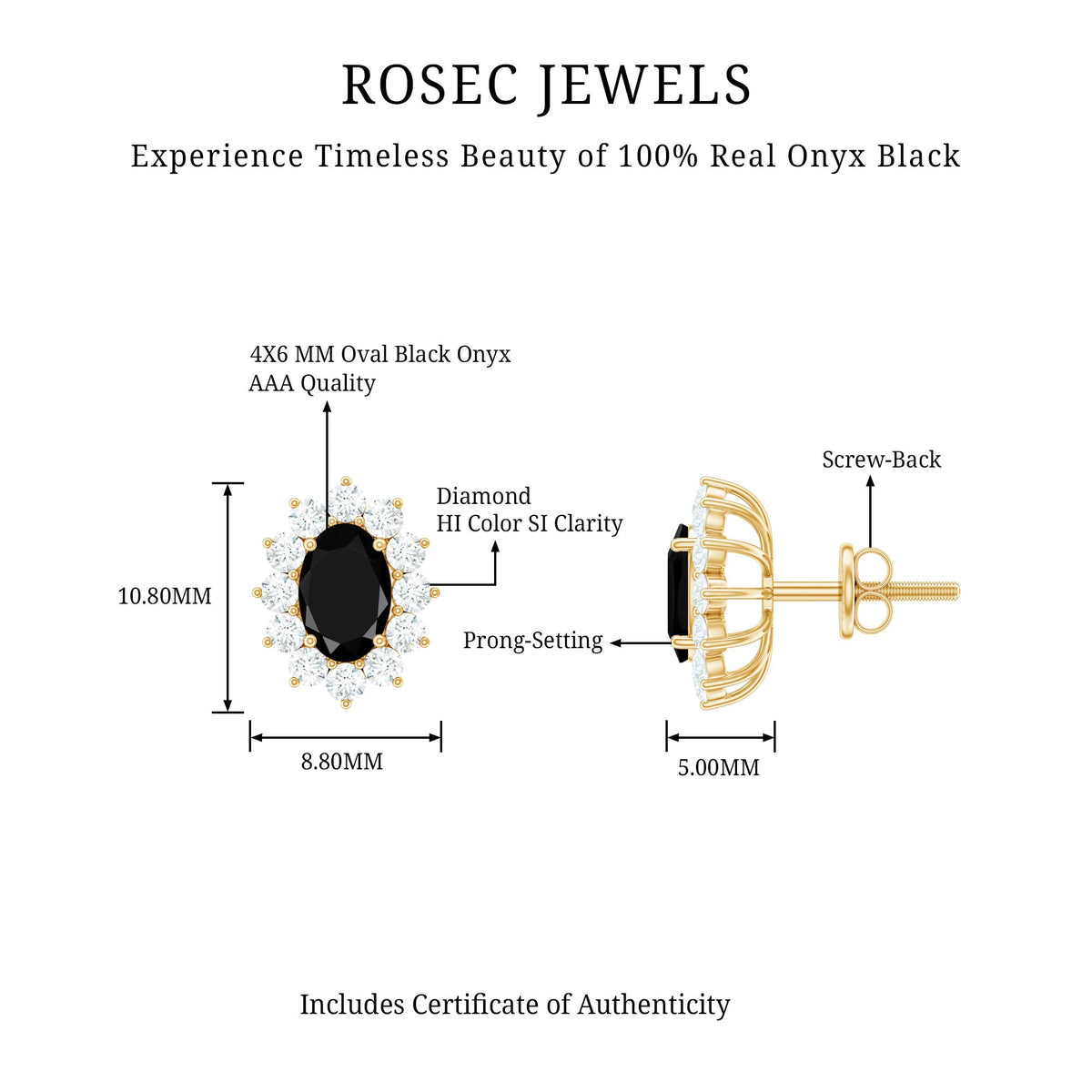 Certified Real Oval Black Onyx Stud Earrings with Diamond Halo