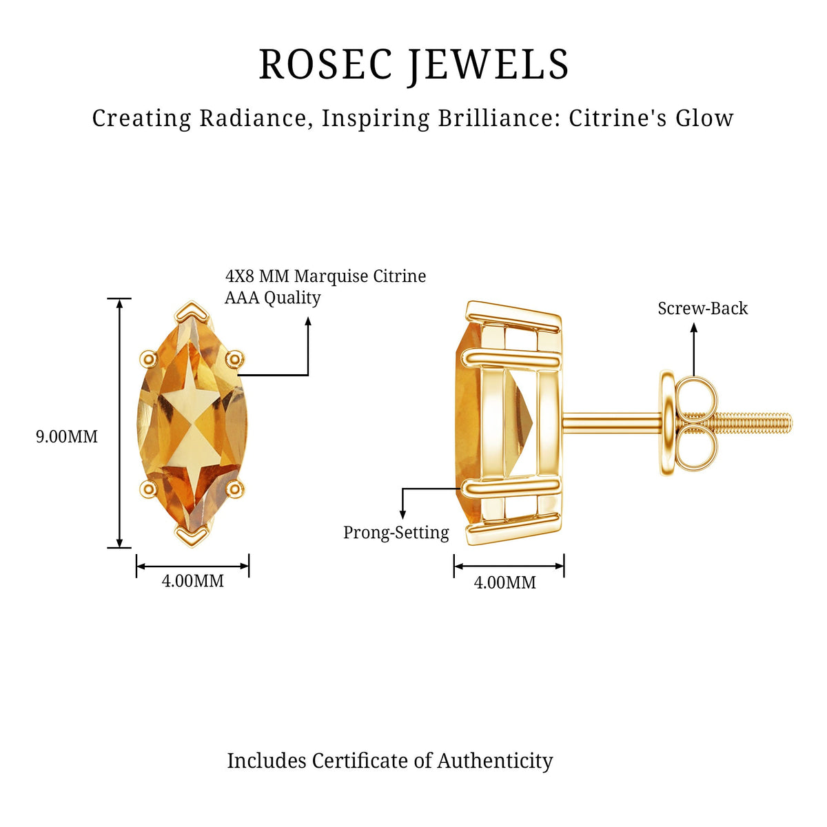 Natural 1.48 Carat Marquise Cut Citrine Stud Earrings