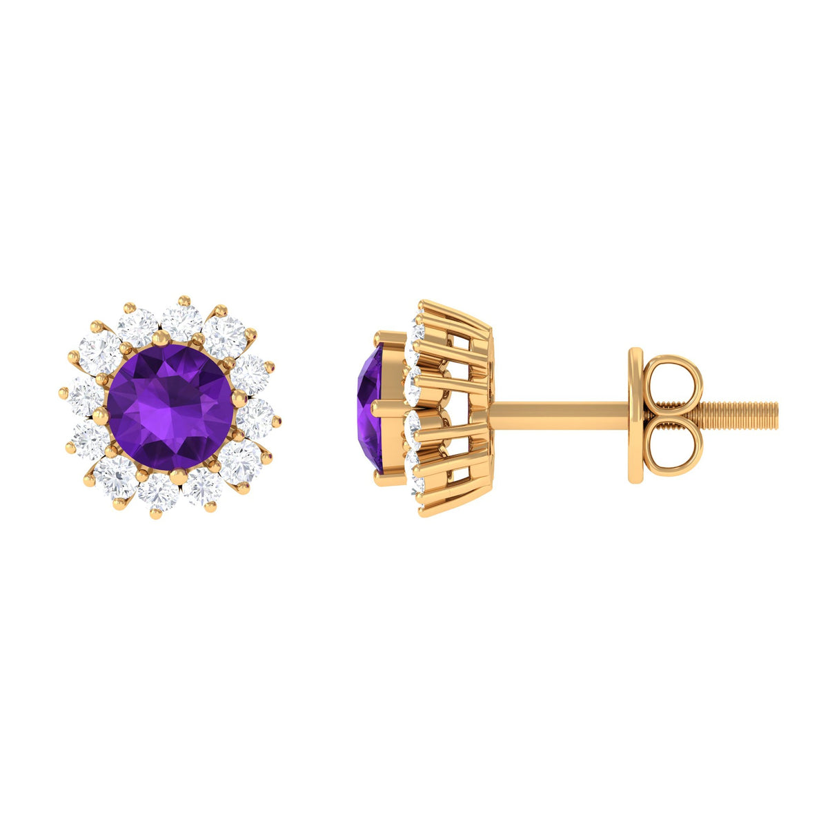 Natural Amethyst Classic Halo Stud Earring with Diamond