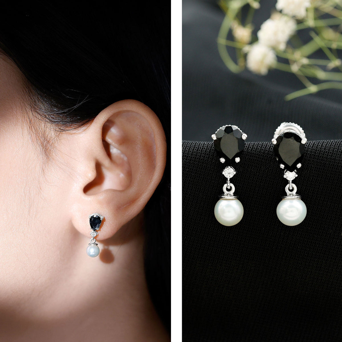 Natural Elegant Pearl Dangle Earrings with Black Onyx