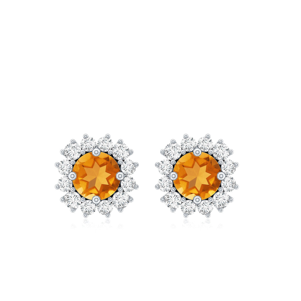 1 Carat Classic Yellow Citrine and Diamond Halo Stud Earrings