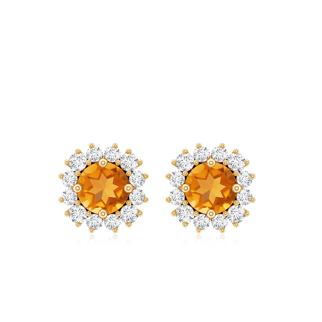 1 Carat Classic Yellow Citrine and Diamond Halo Stud Earrings