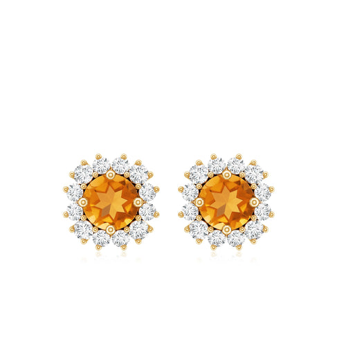 1 Carat Classic Yellow Citrine and Diamond Halo Stud Earrings
