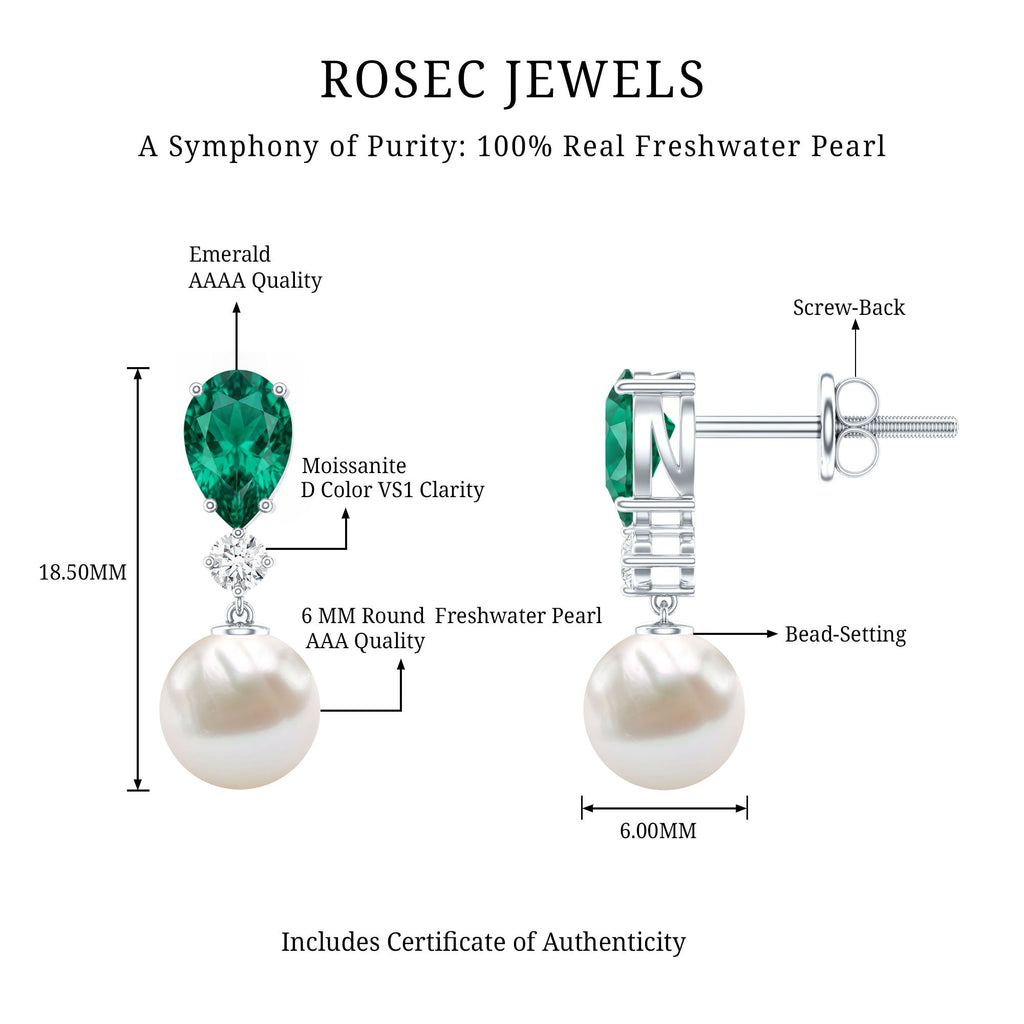 Freshwater Pearl Drop Dangle Earrings With Created Emerald