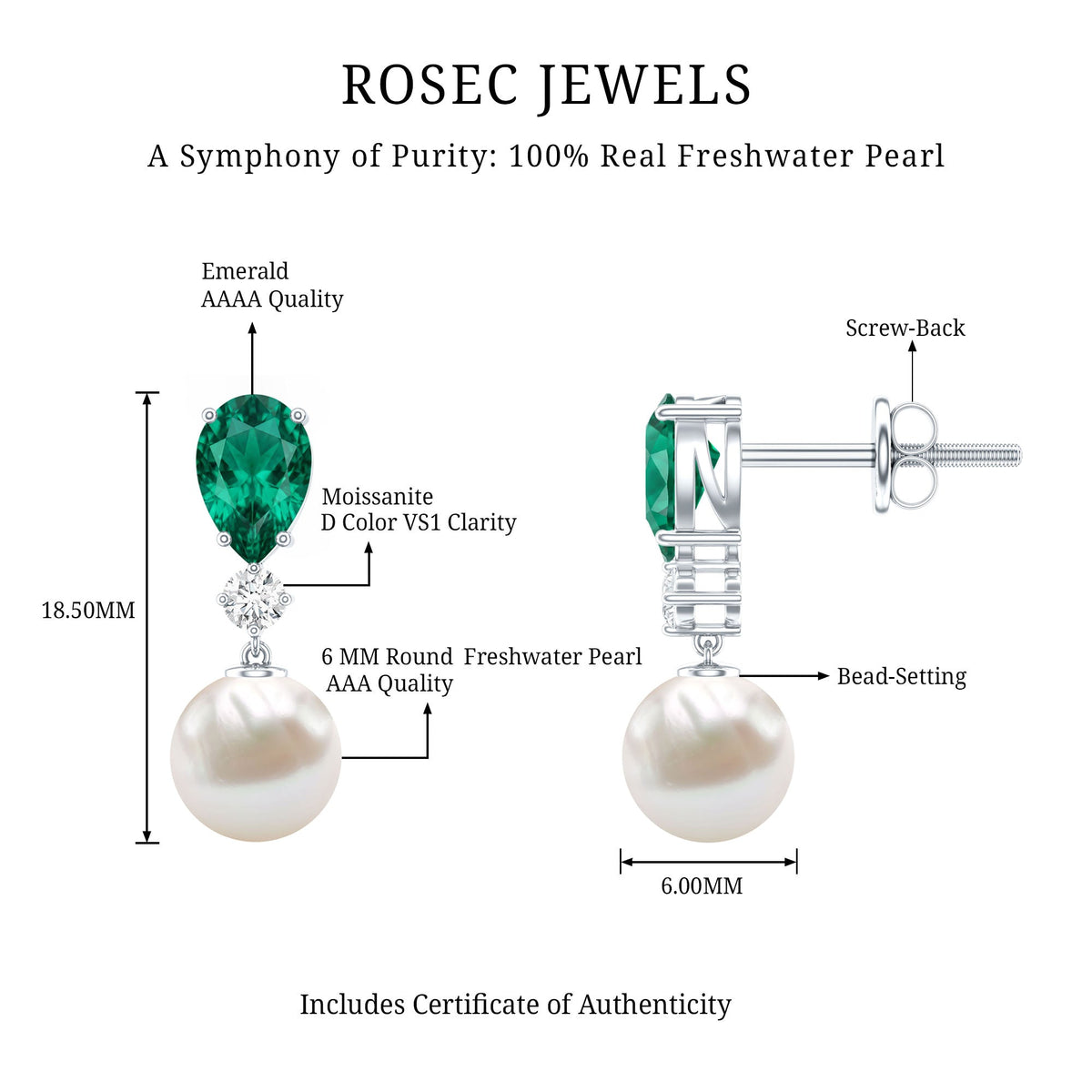 Freshwater Pearl Drop Dangle Earrings With Created Emerald