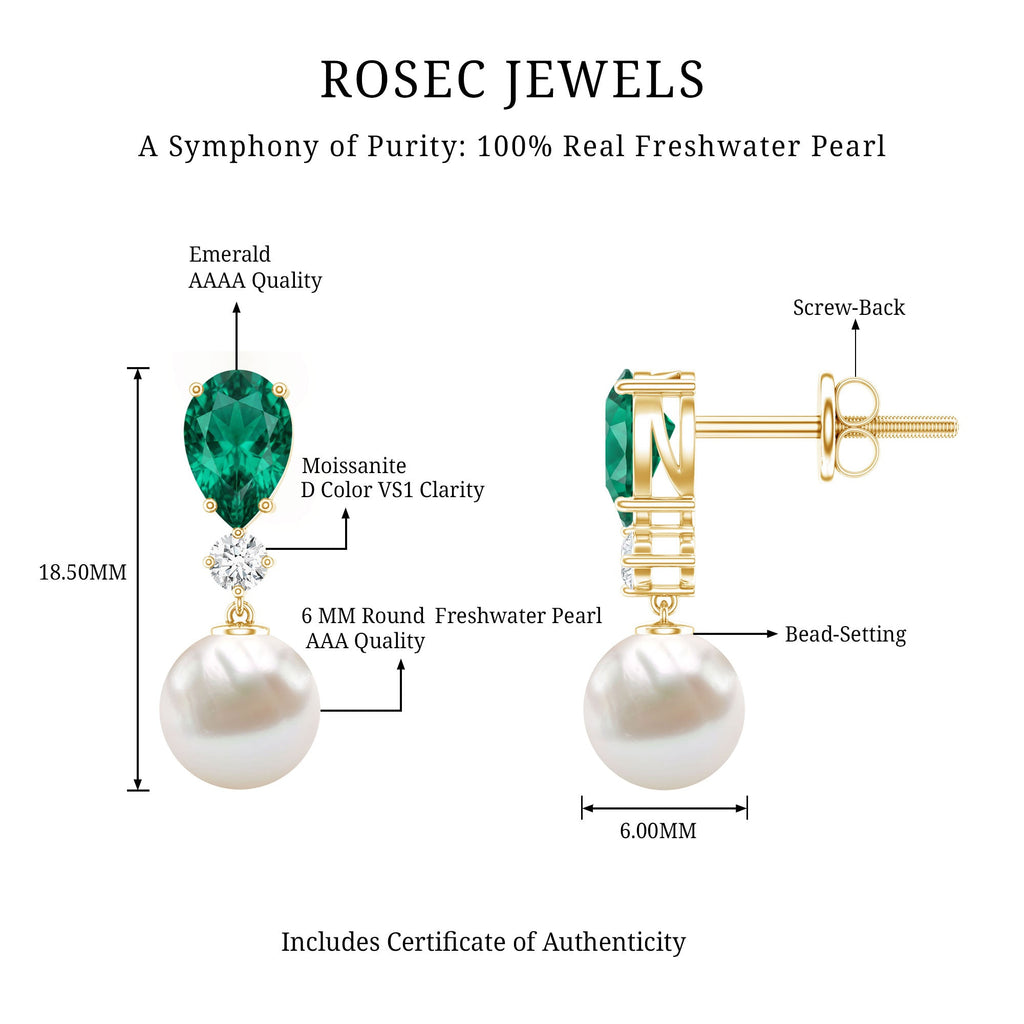 Freshwater Pearl Drop Dangle Earrings With Created Emerald