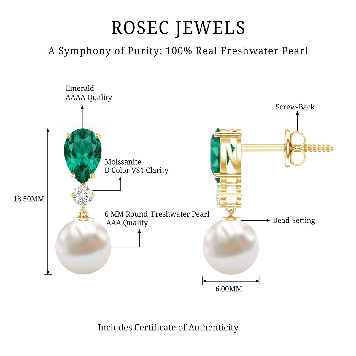 Freshwater Pearl Drop Dangle Earrings With Created Emerald