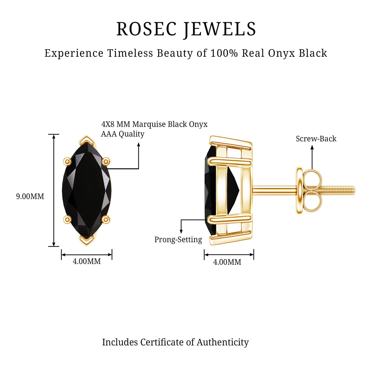 Genuine Black Onyx Marquise Stud Earrings with Certificate