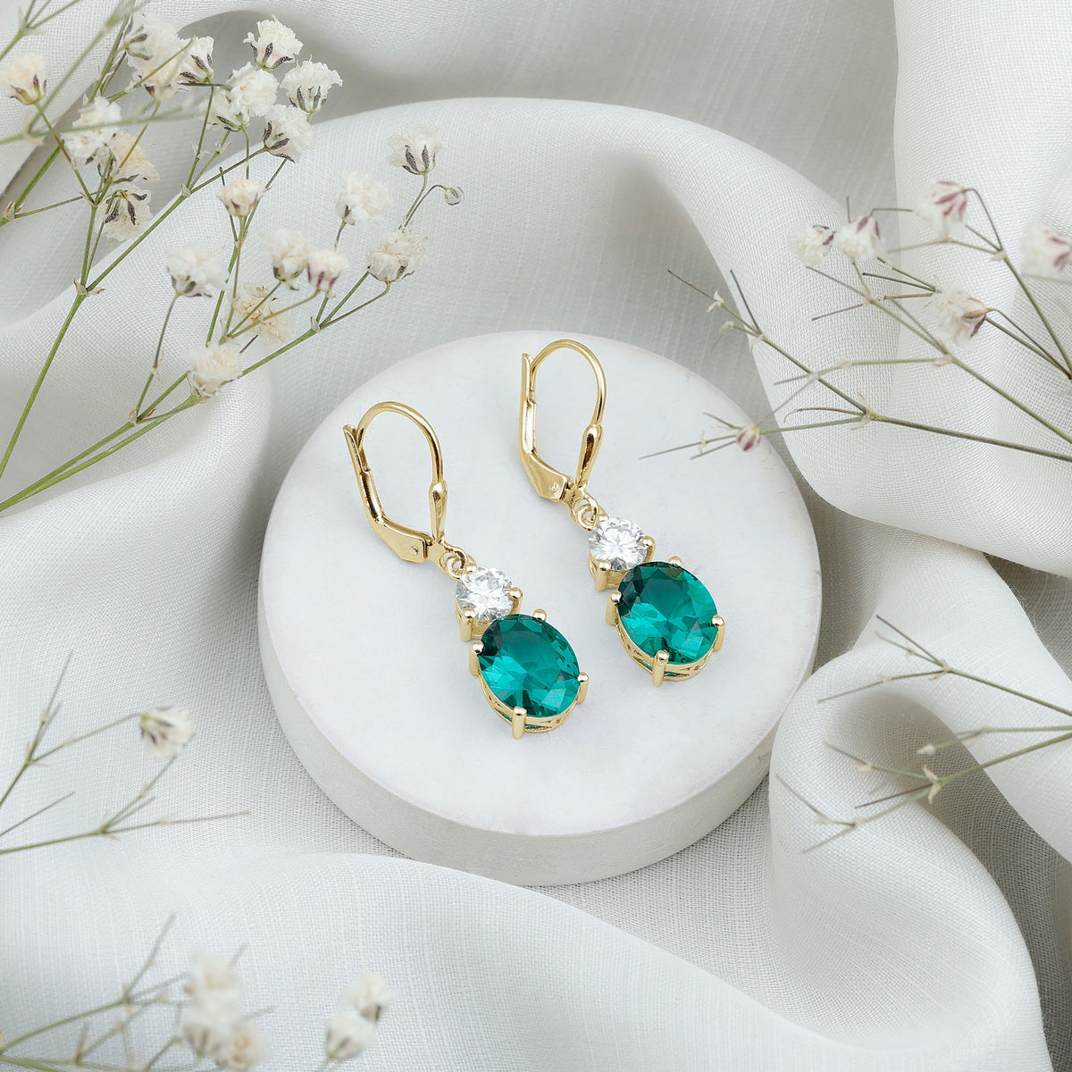 Lab Grown Emerald Oval Drop Earrings With Moissanite