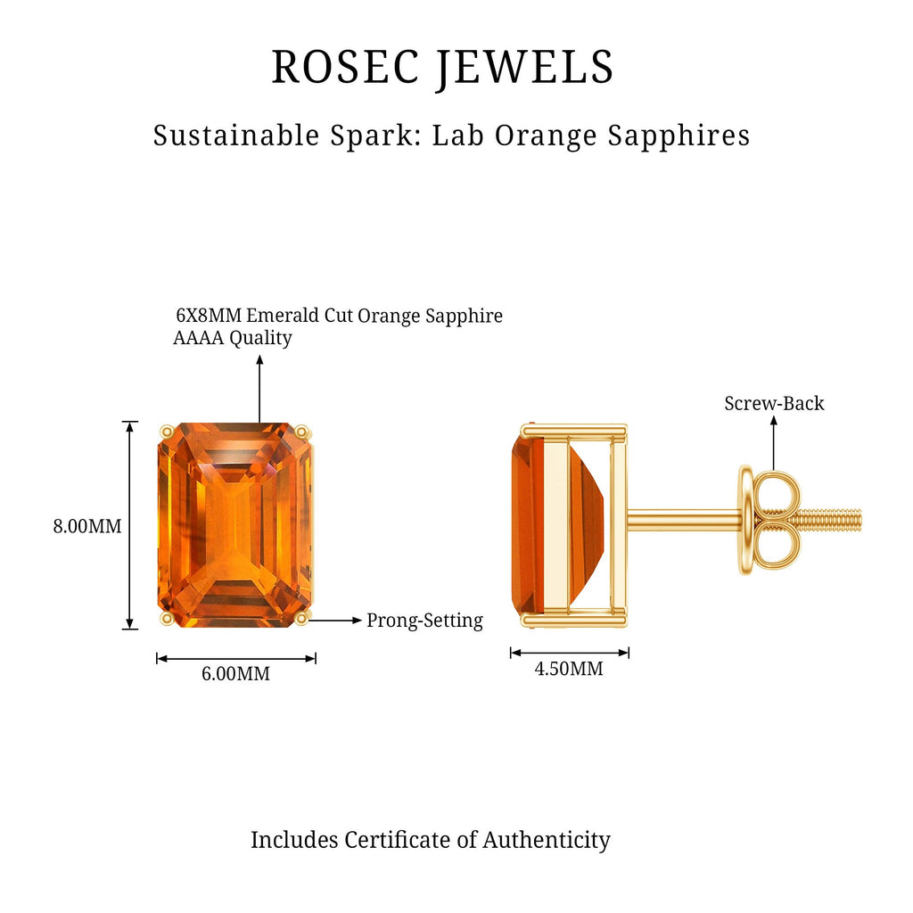 Lab Grown Orange Sapphire Emerald Cut Stud Earrings