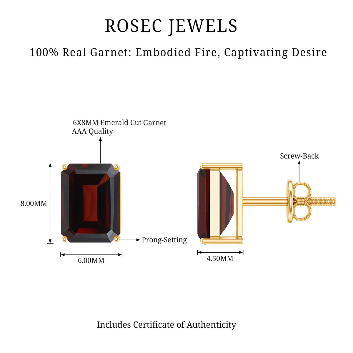 Real 4.32 Carat Emerald Cut Garnet Stud Earrings with Screw on Backs