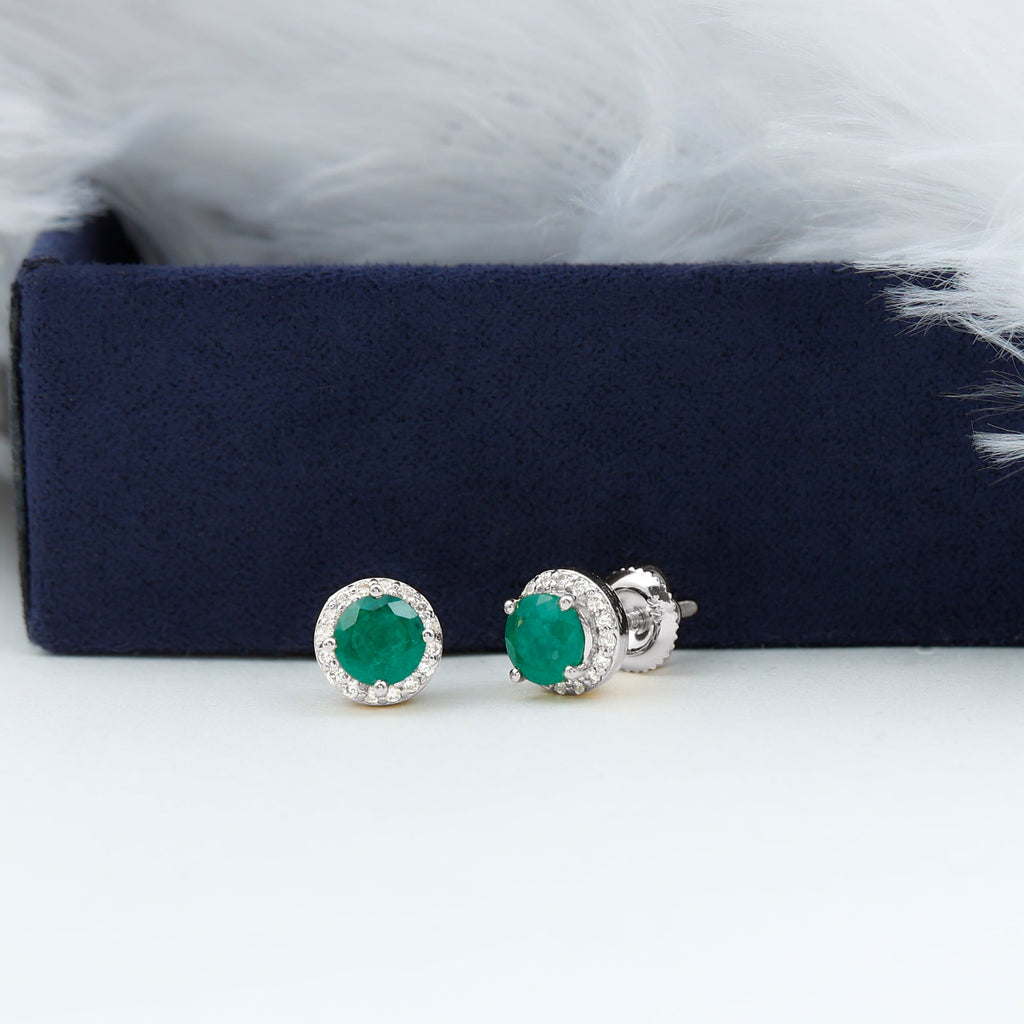 Halo Stud Earrings with Emerald and Diamond
