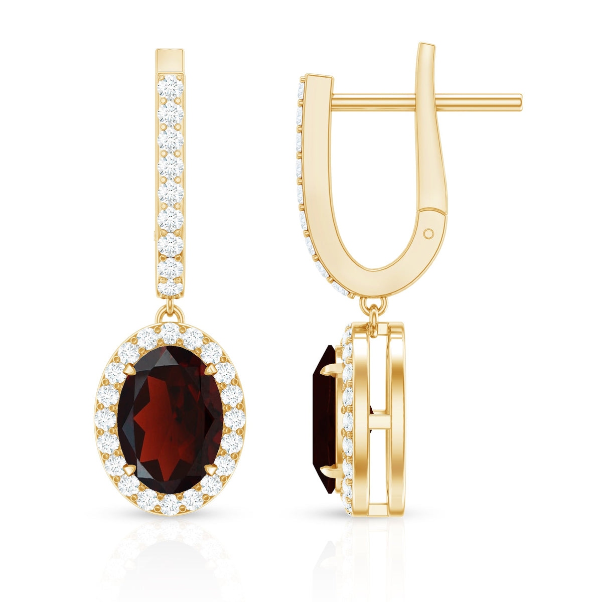 Oval Garnet and Diamond Hoop Drop Earrings with Latch Back
