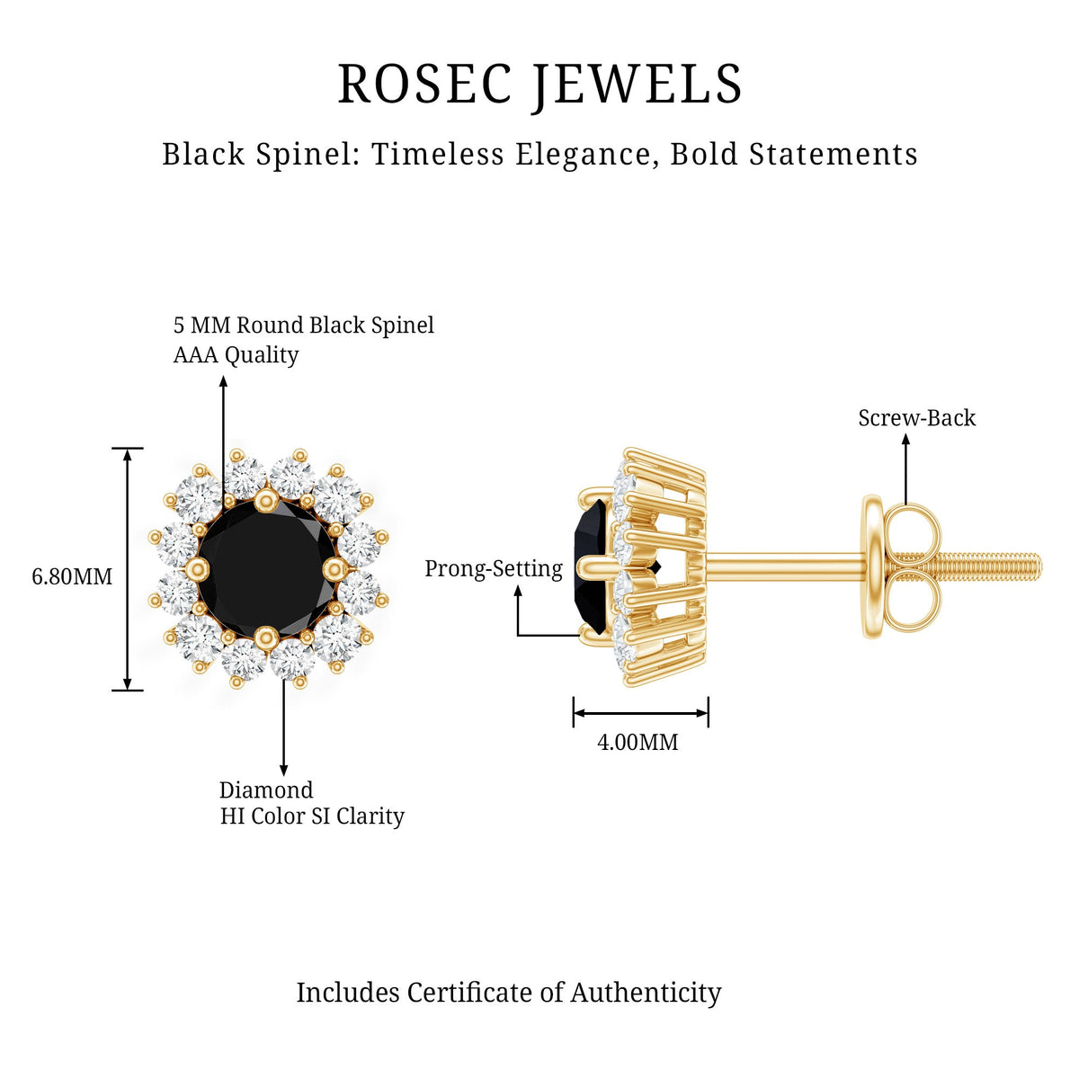 Certified Real Black Spinel Stud Earrings with Diamond Halo