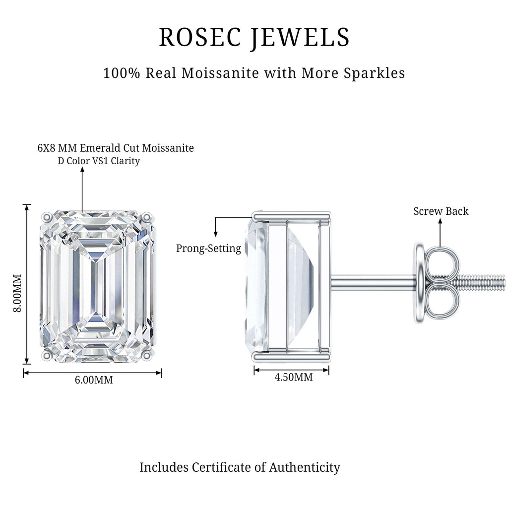 Certified 3.7 Carat Moissanite Emerald Cut Stud Earrings in Silver