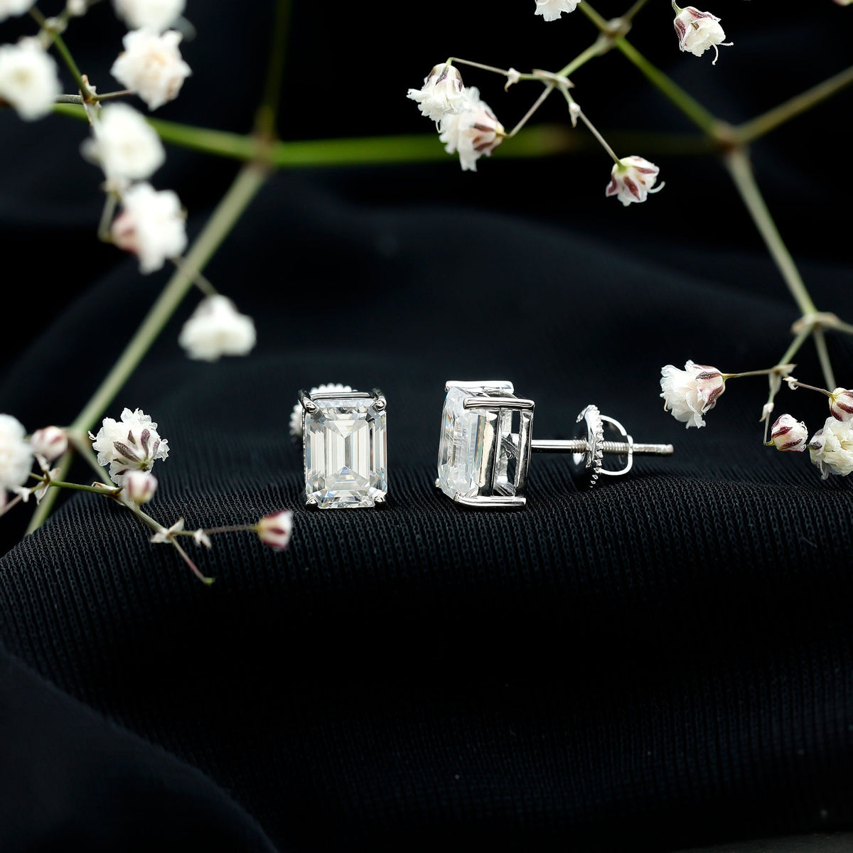 Certified 3.7 Carat Moissanite Emerald Cut Stud Earrings in Silver