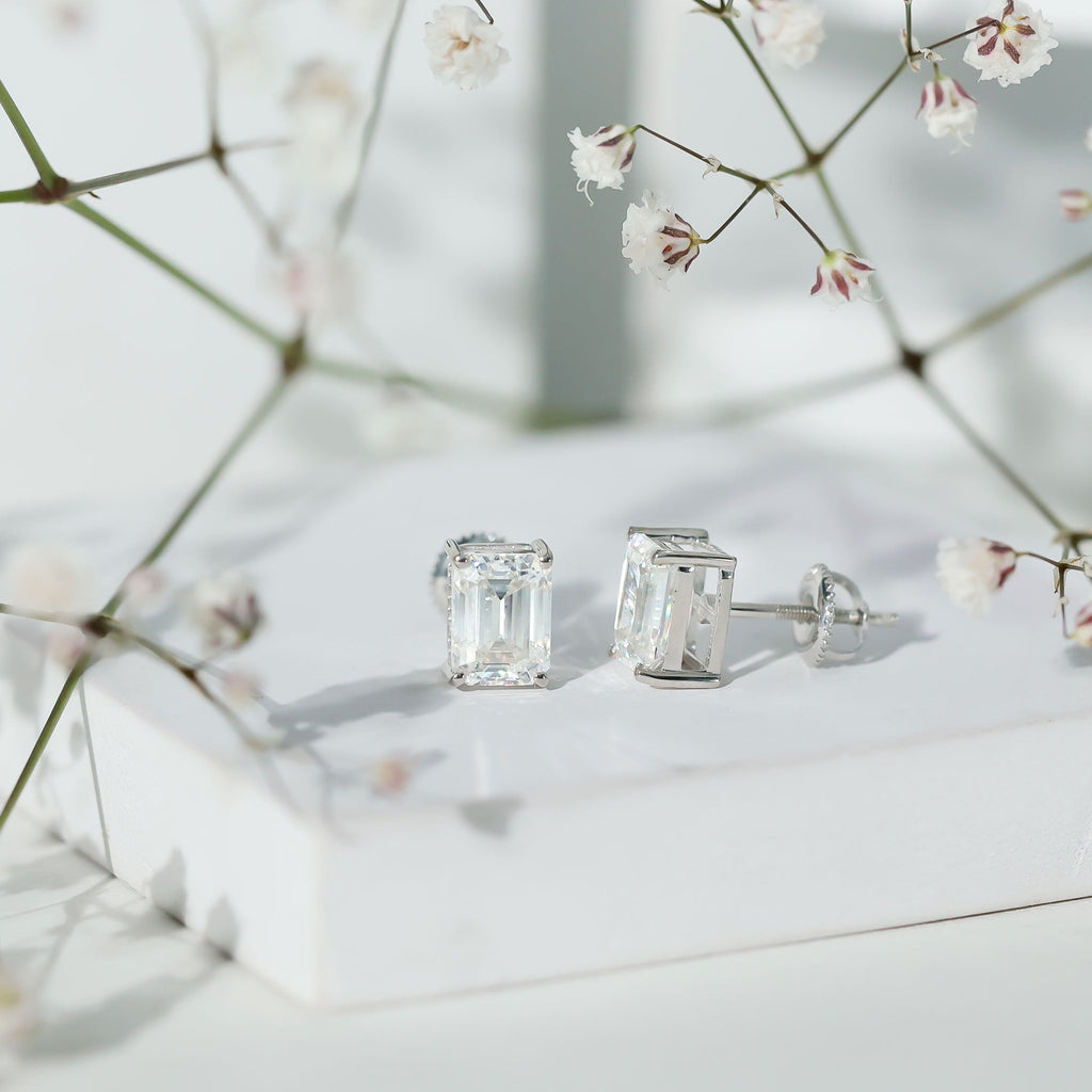 Certified 3.7 Carat Moissanite Emerald Cut Stud Earrings in Silver