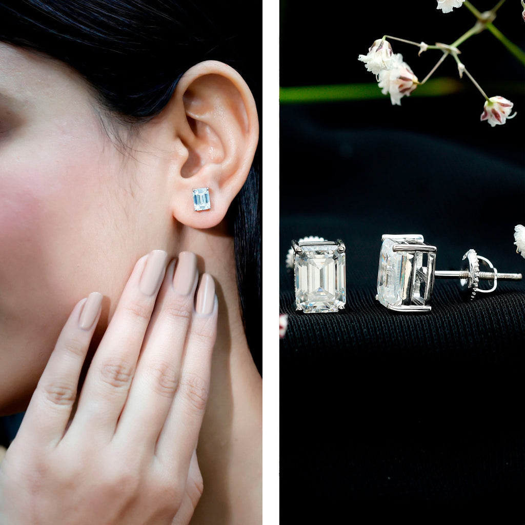 Certified 3.7 Carat Moissanite Emerald Cut Stud Earrings in Silver