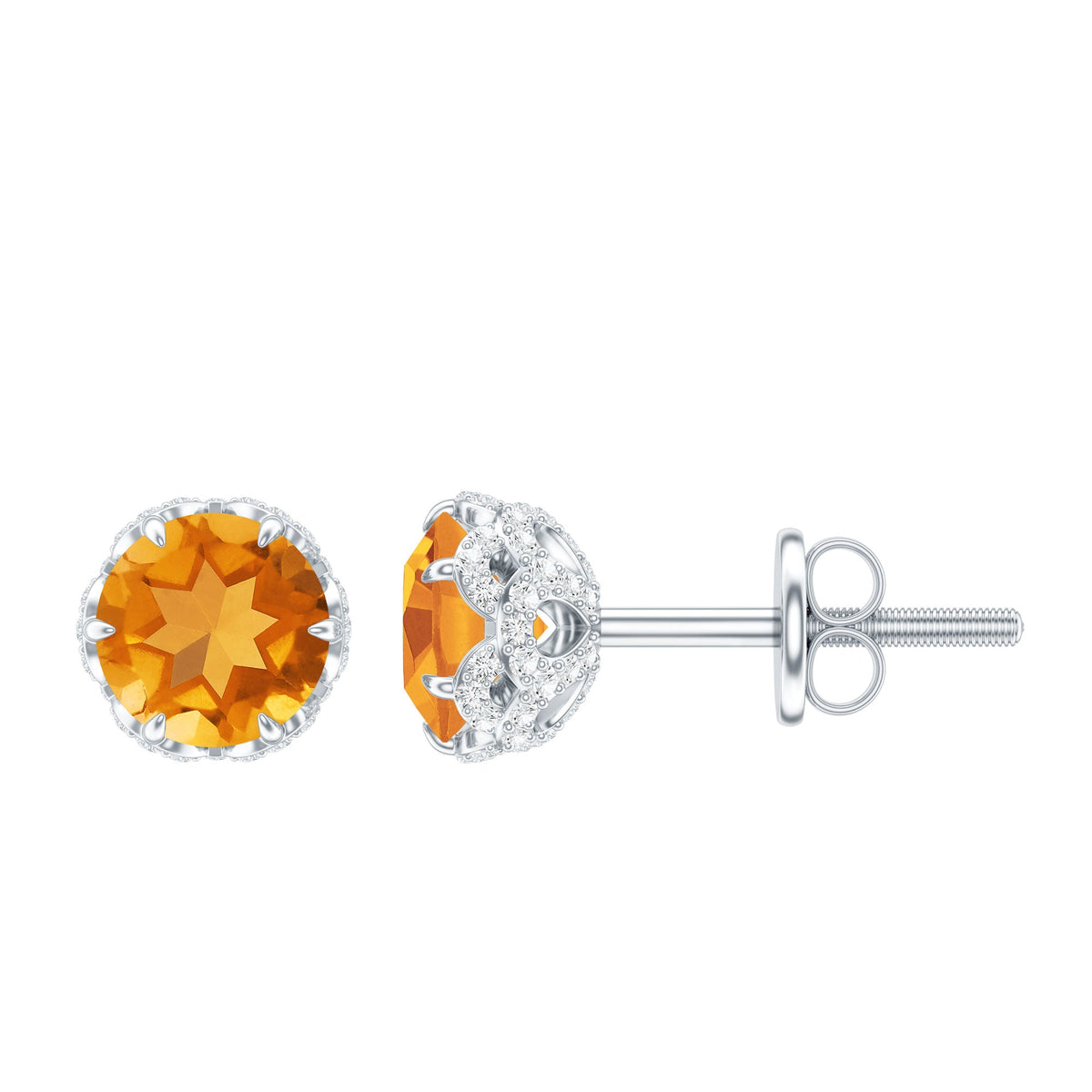 Designer Citrine Diamond Stud Earrings with Screw Back