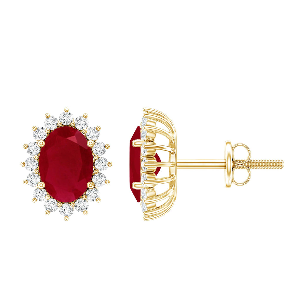 Natural 2 Carat Ruby Stud Earrings With Diamond Halo