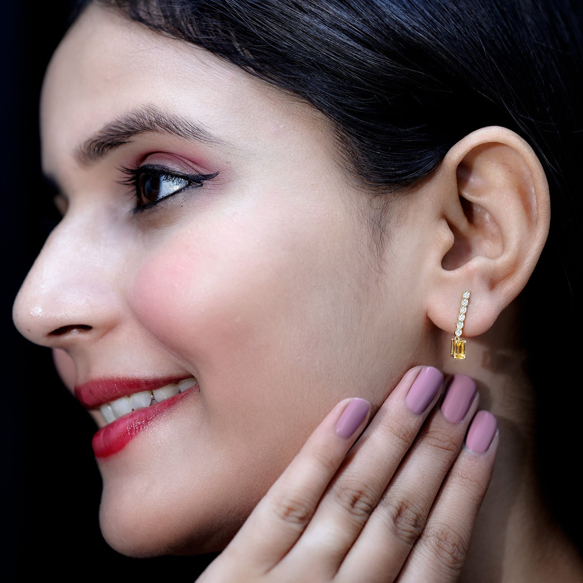 Emerald Cut Citrine and Diamond Bar Drop Earrings in Silver