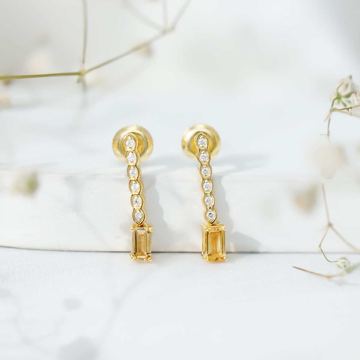 Emerald Cut Citrine and Diamond Bar Drop Earrings in Silver