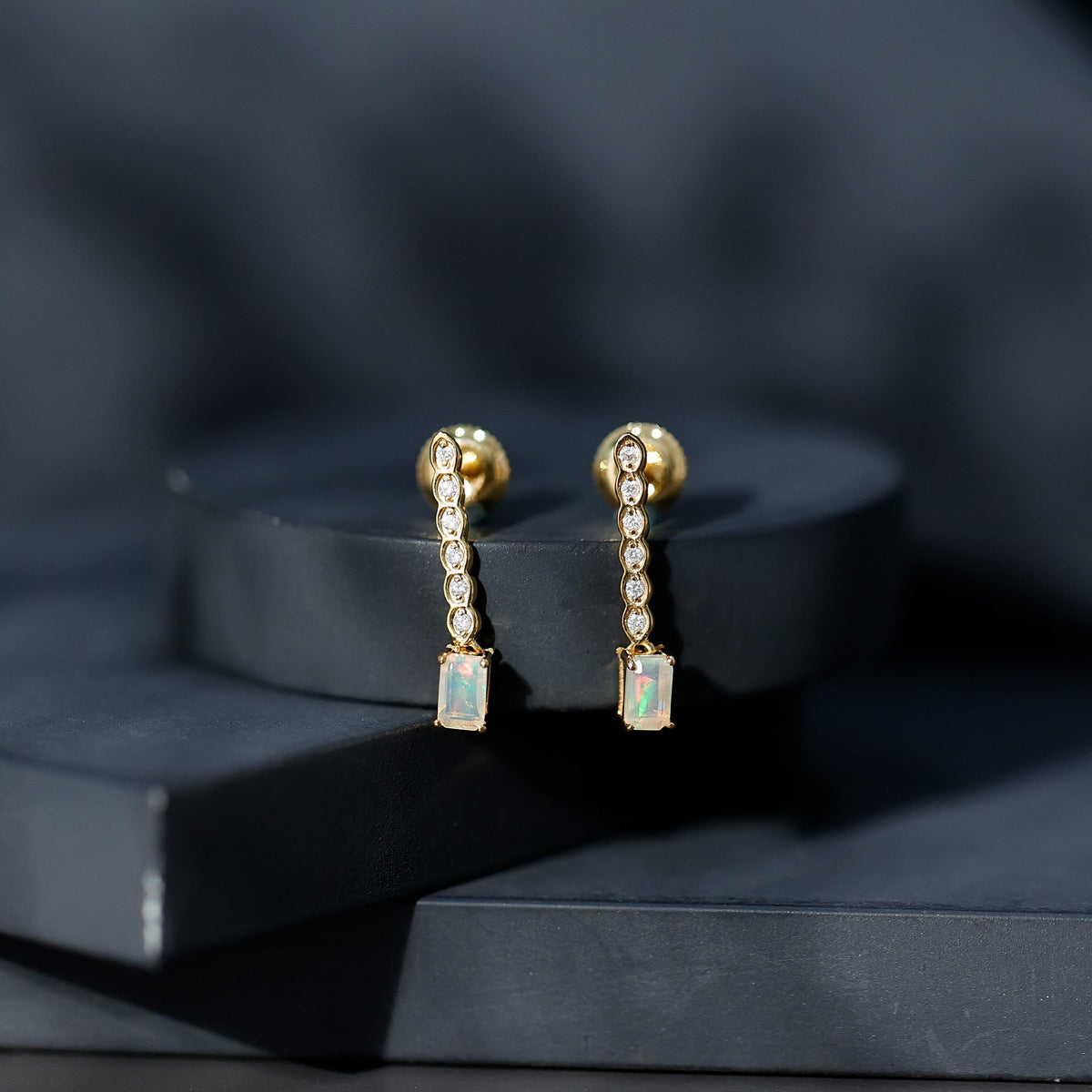 Emerald Cut Ethiopian Opal Drop Earrings with Lab Diamond