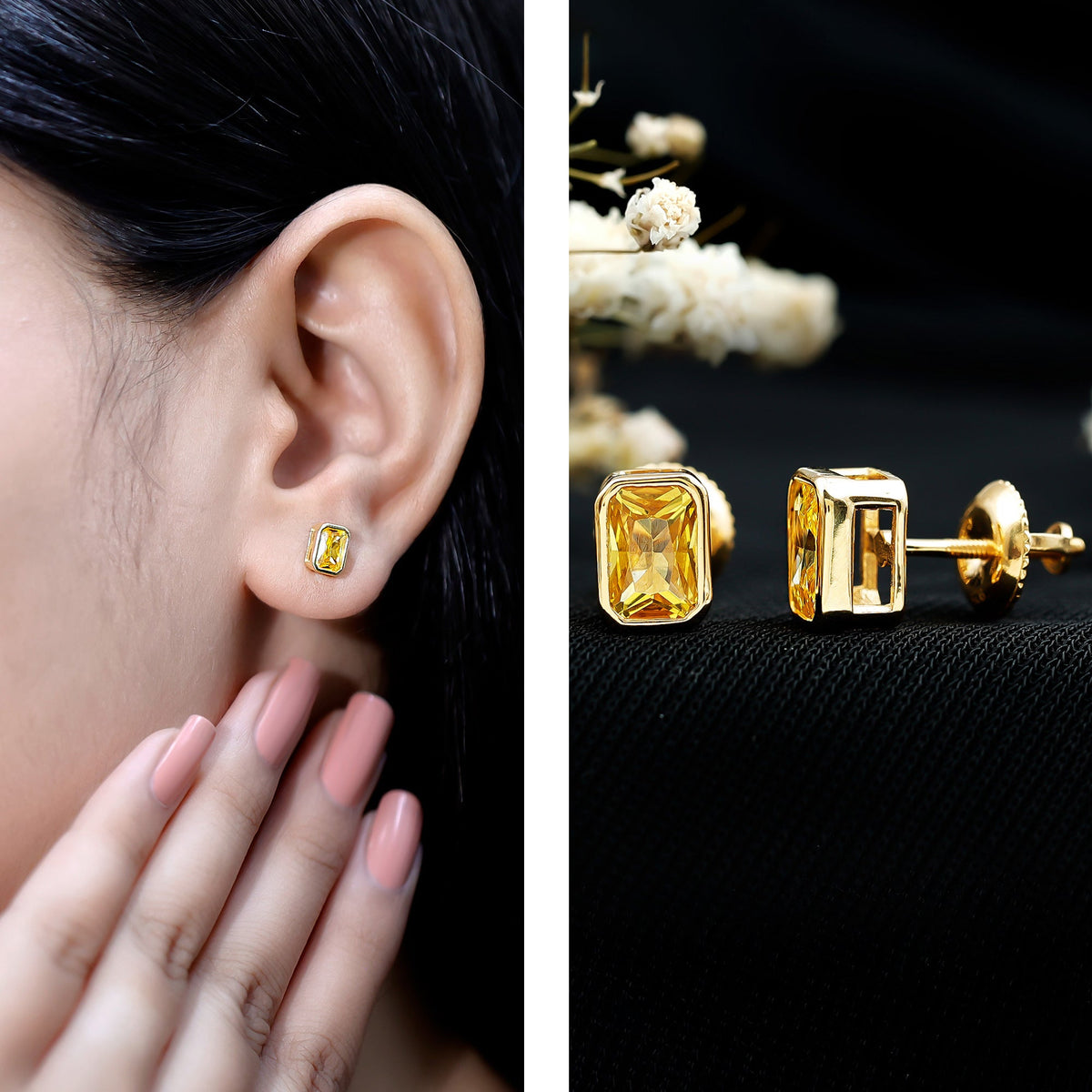Certified 1.5 Carat Emerald Cut Lab Grown Yellow Sapphire Stud Earrings