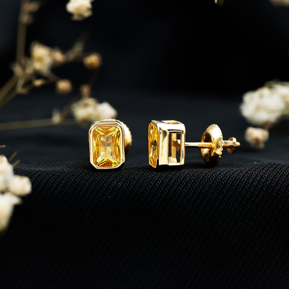 Certified 1.5 Carat Emerald Cut Lab Grown Yellow Sapphire Stud Earrings