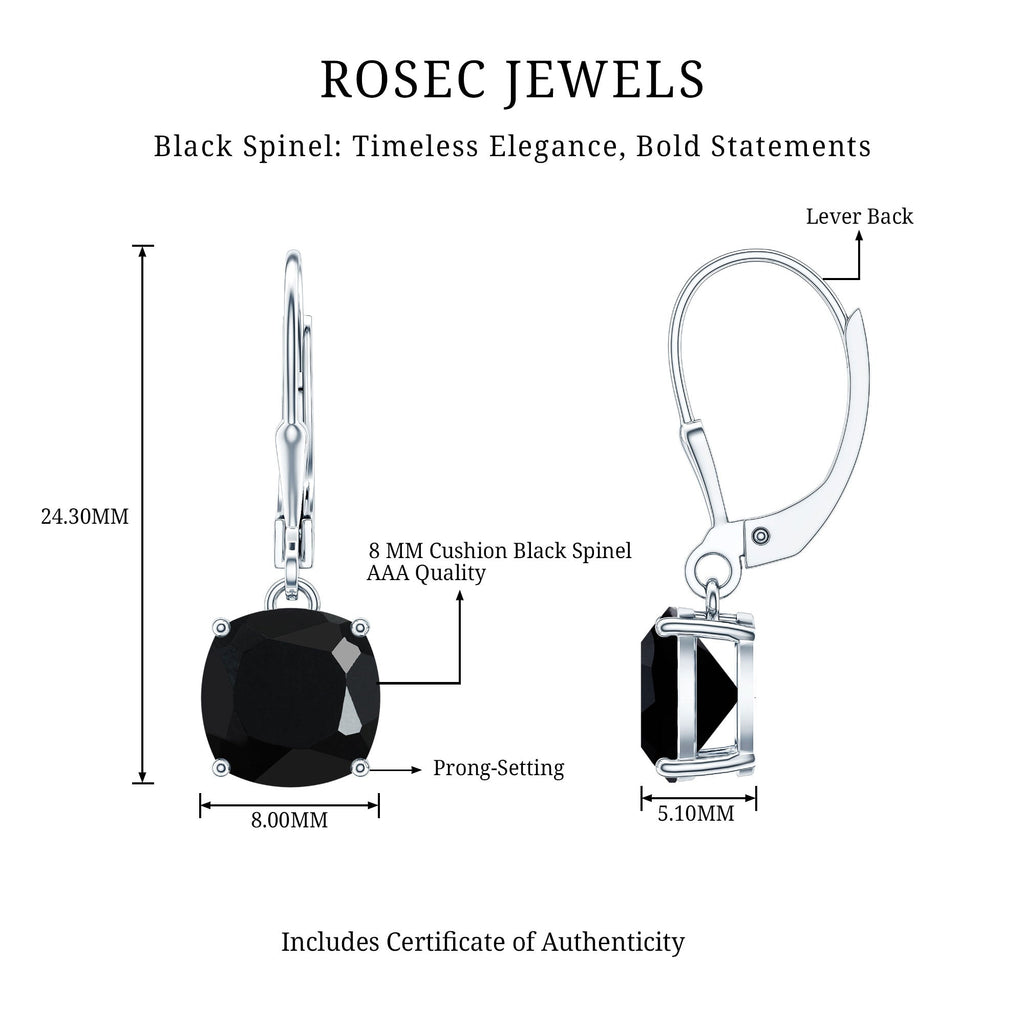 Genuine 4.2 Carat Cushion Cut Black Spinel Drop Earrings Lever Back