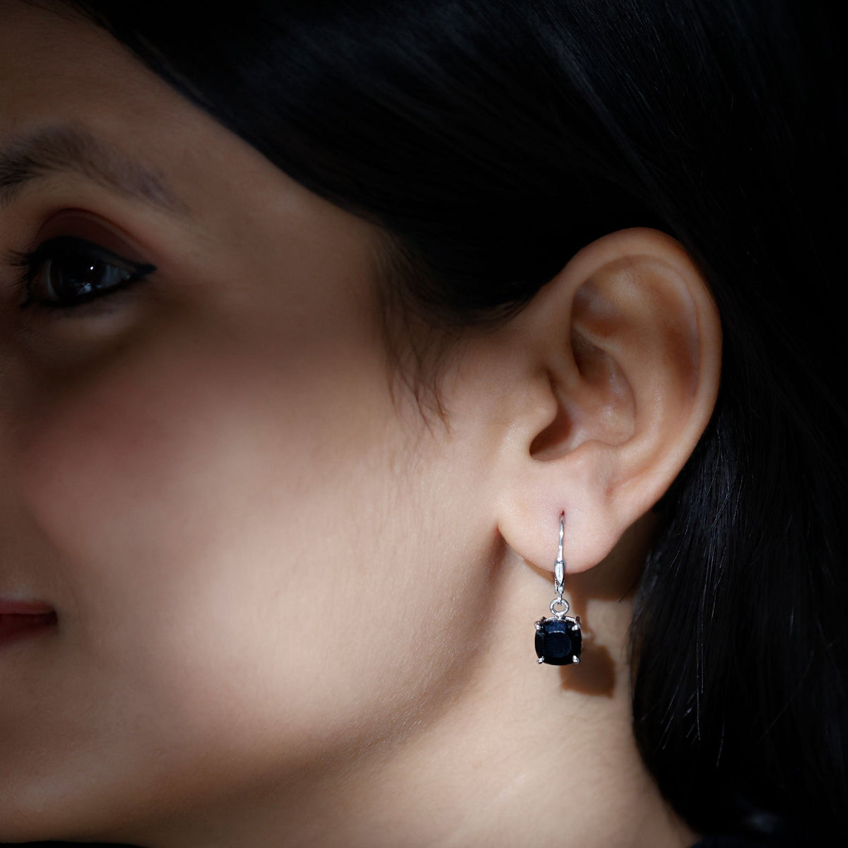 Genuine 4.2 Carat Cushion Cut Black Spinel Drop Earrings Lever Back