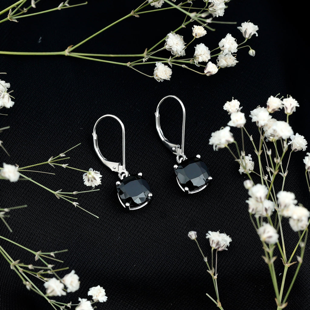 Genuine 4.2 Carat Cushion Cut Black Spinel Drop Earrings Lever Back